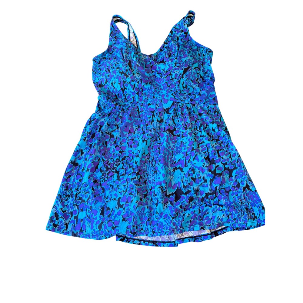 Beach Belle Swimdress Blue Purple Abstract Leopard Print One Piece Size 16 M100